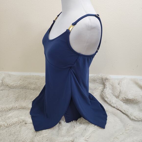 Aqua Green Navy Blue Swim Dress Size Small Side Slit Adjustable Straps Gold - Picture 3 of 9